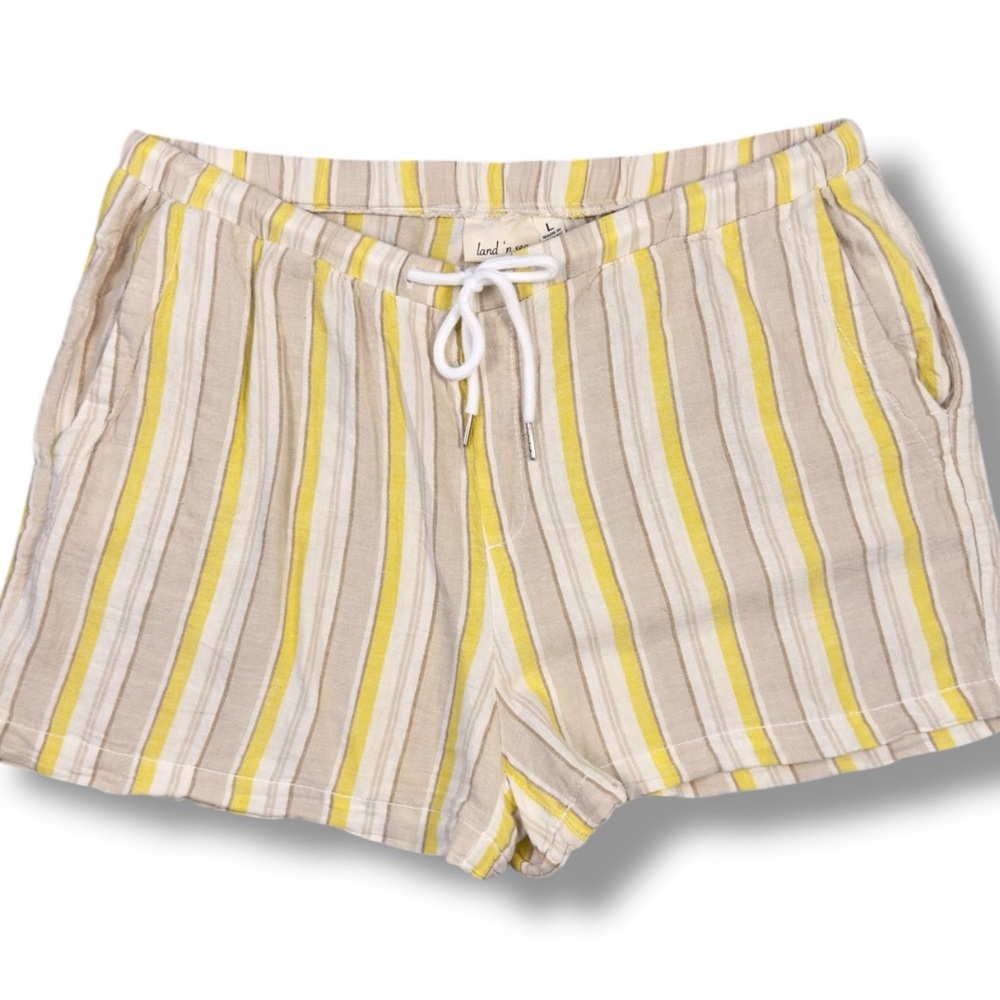 Land N Sea Linen Blend Striped Drawstring Shorts in Yellow & Beige